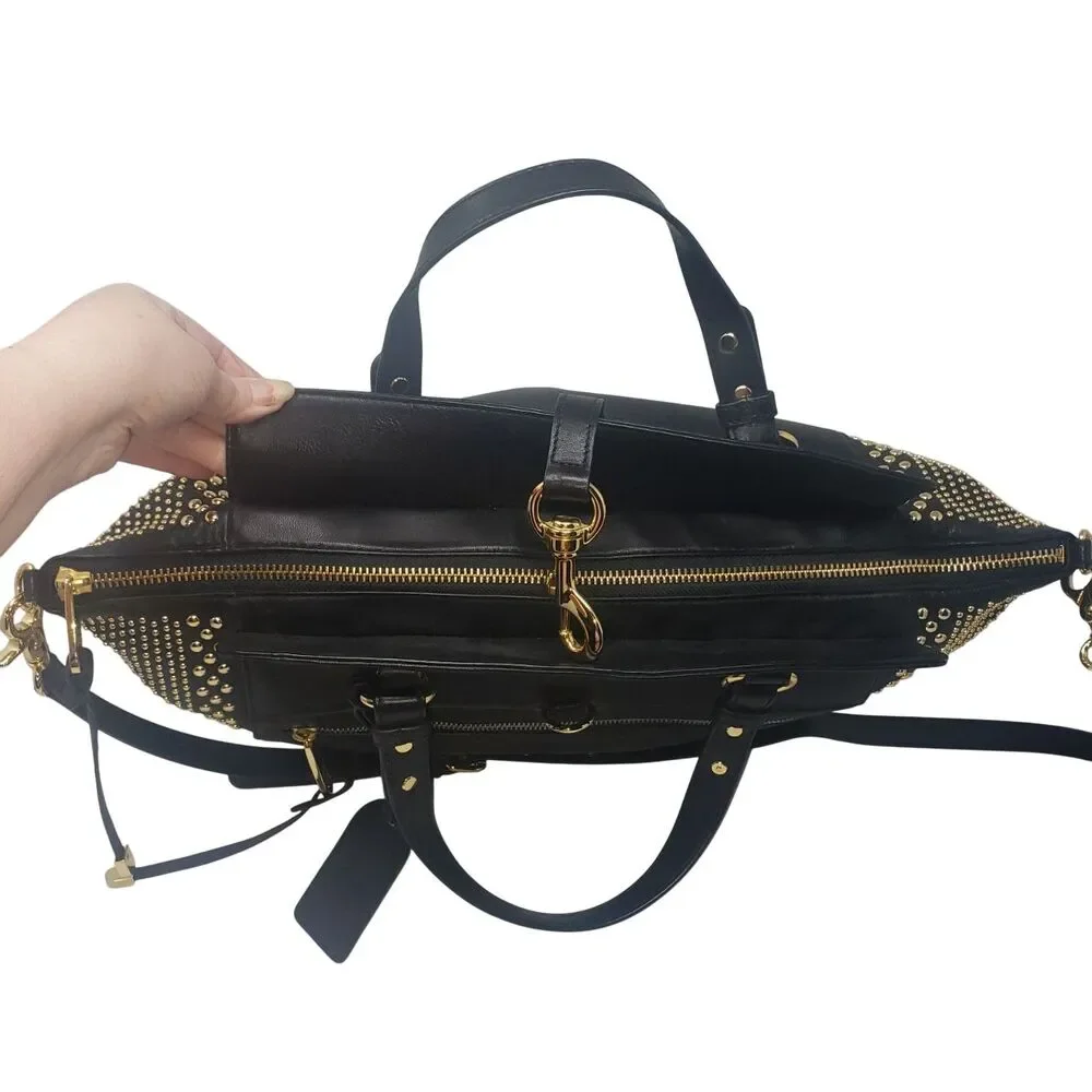 Badgley Mischka Leather Satchel Womens Black Studded Gold Hardware Crossbody